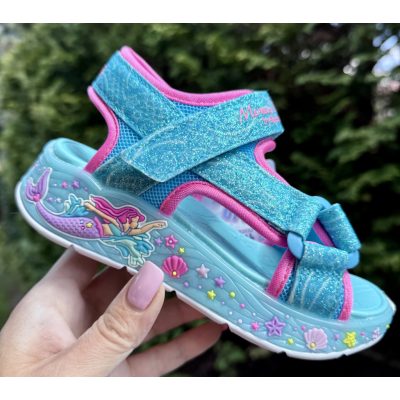   SKECHERS lány pillekönnyű, VILLOGÓ talpú sellős türkizkék szandál, 28,31 ! ÚJ KOLLEKCIÓ! 