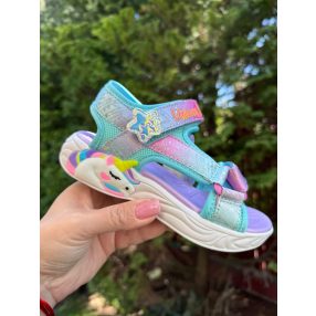   SKECHERS lány pillekönnyű, VILLOGÓ talpú unikornisos türkiz szandál, 29,30 ! ÚJ KOLLEKCIÓ! 