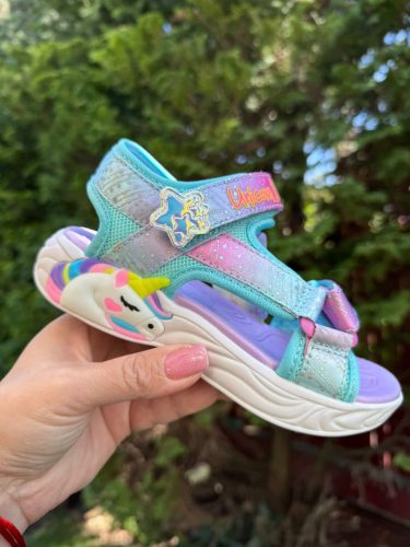 SKECHERS lány pillekönnyű, VILLOGÓ talpú unikornisos türkiz szandál, 29,30 ! ÚJ KOLLEKCIÓ! 