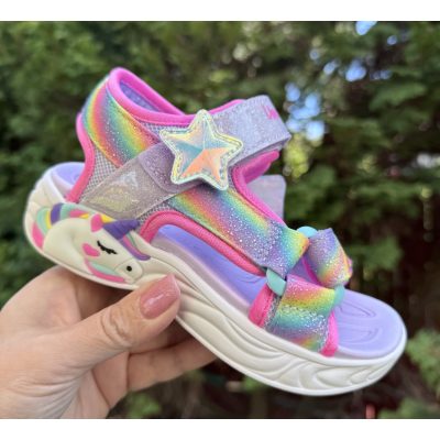   SKECHERS lány pillekönnyű, VILLOGÓ talpú unikornisos lila szandál, 29,30,32 ! ÚJ KOLLEKCIÓ! 