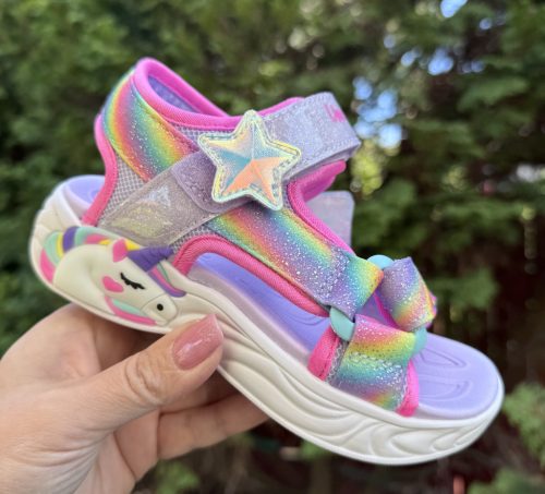 SKECHERS lány pillekönnyű, VILLOGÓ talpú unikornisos lila szandál, 27-32 ! ÚJ KOLLEKCIÓ! 